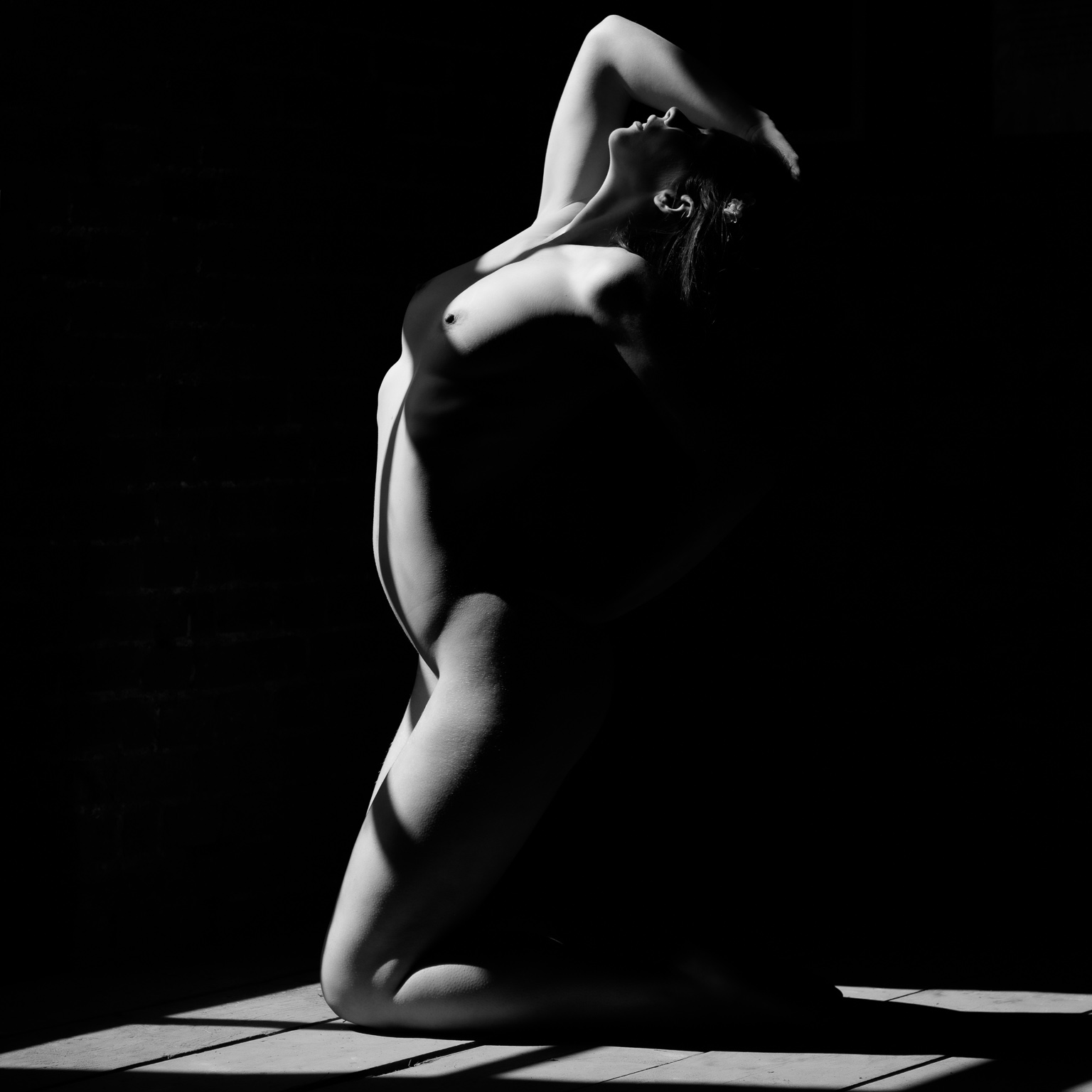 art nude model in the dark lit by light from a window with abstract shadows covering face and part of body